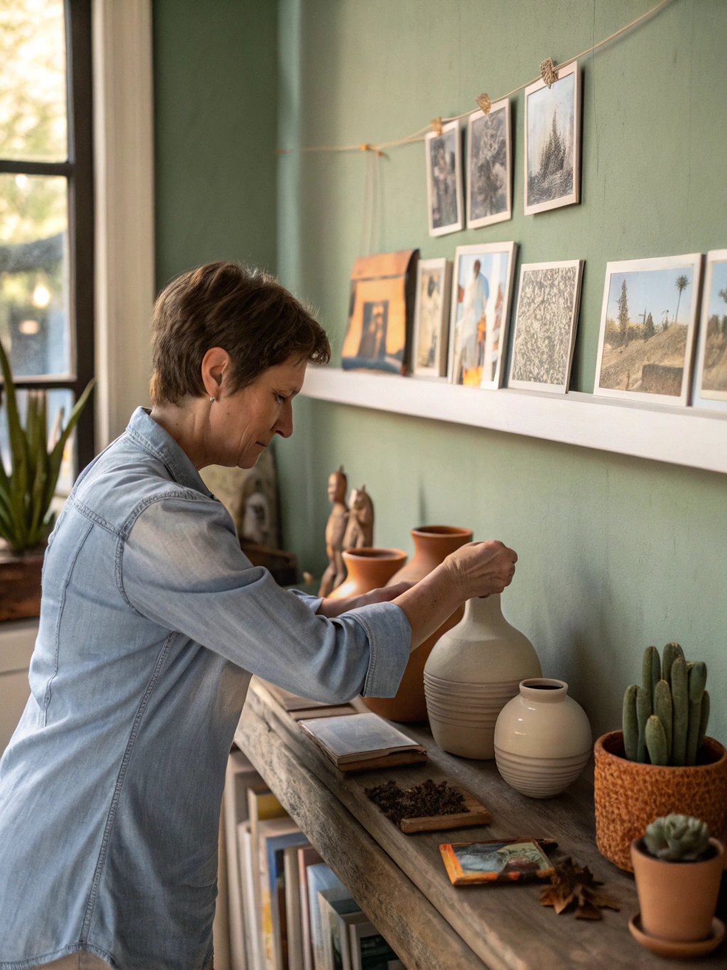 Curator adjusting a minimalist canvas in a bright gallery space